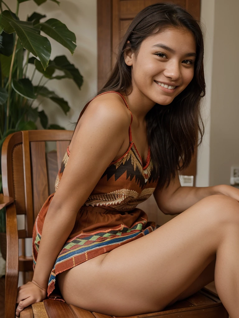 Indigenous 18 years old girl, wearing sensual dress, smiling, full body, sitting on a chair sitting with legs open, photo taken from the side, selfie