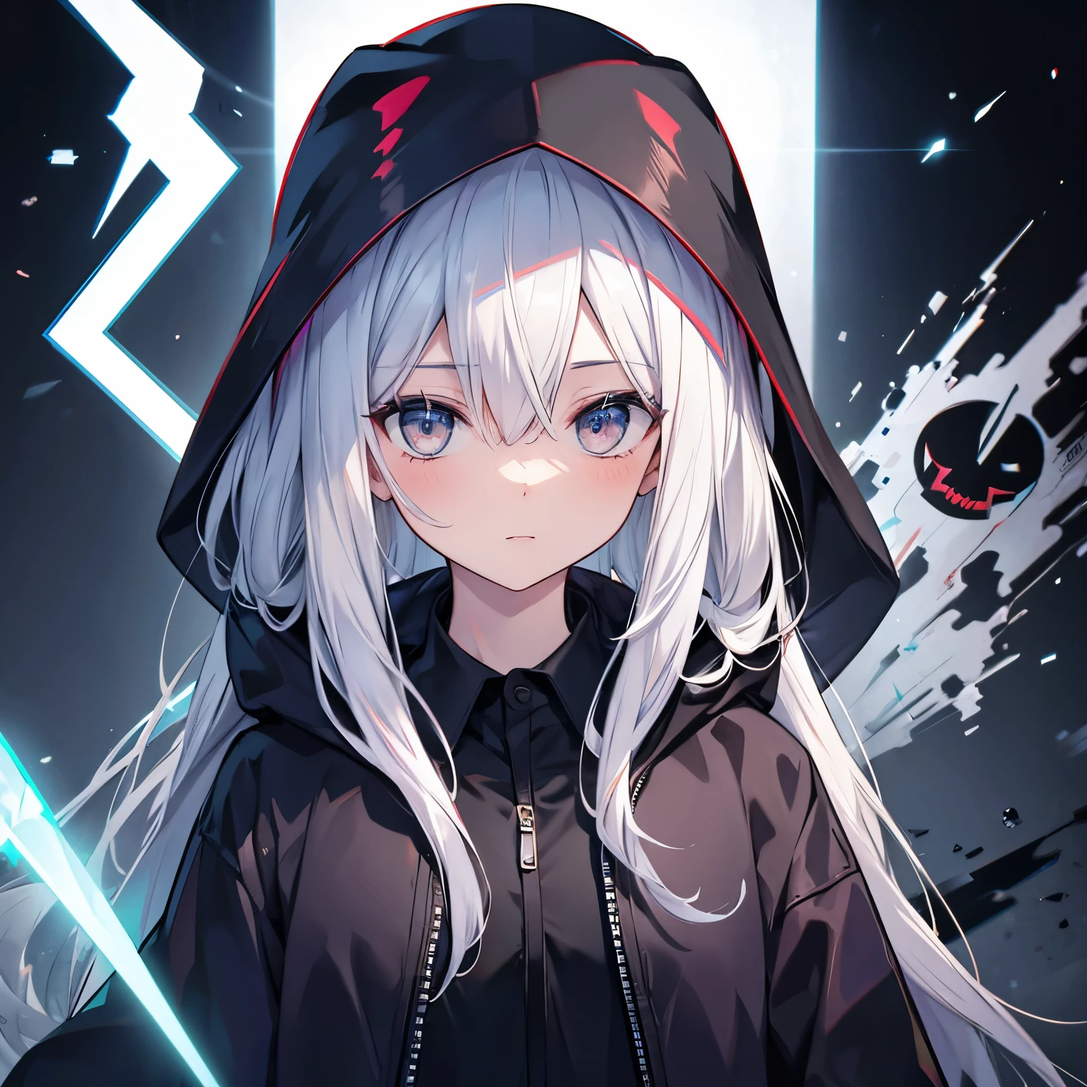 (((grim Reaper&#39;s size)))　(((Gray Hair　short hair　blue eyes　girl)))，((night　full moon　My own big wings))，(Wearing a hood　Black camisole　Purple light)，　A tense look　Shining Background　Shining Edges