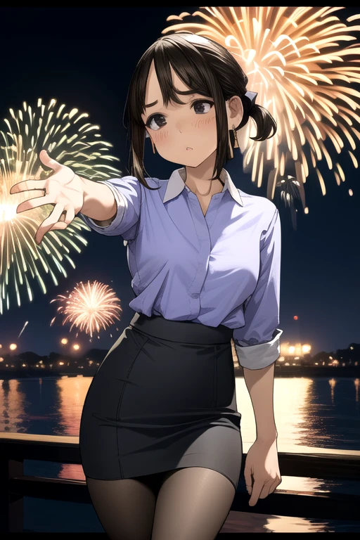 Very detailed, high quality:1.5, masterpiece, beautiful, Film Portraits,(dark),((douki-chan)),short ponytail,office lady,blue shirt,high-waist skirt,pencil skirt,pantyhose,jewelry,earrings,(((Tilt  head))),The hug is coming, incoming kiss, Spread your hands,((Close ~ eyes)),(Station platform),誰もいないStation platform,night,Flushing of cheeks,Lovely,dark照明,Fireworks can be seen in the distance