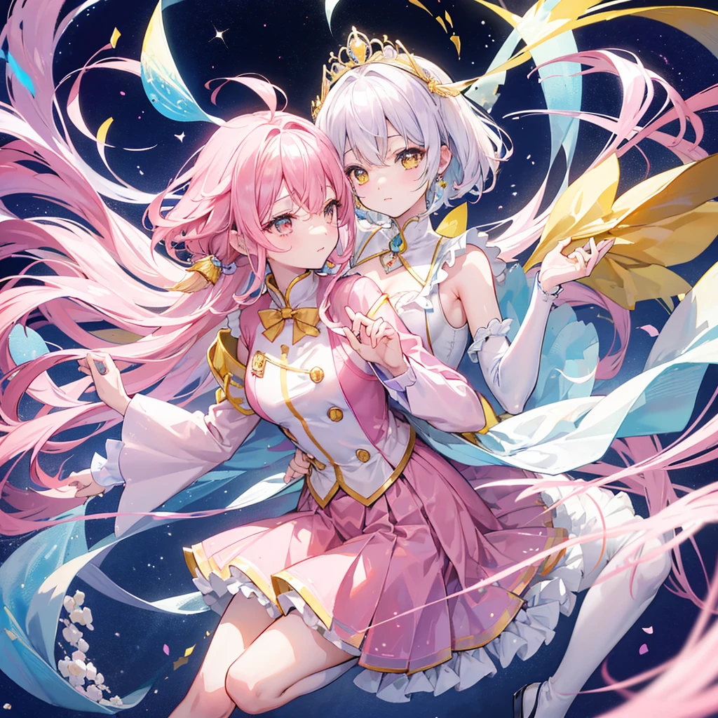 Shine淡いターコイズ色の髪と繊細な黄緑ピンクの瞳，Shiny，Pink Uniform, Yellow and white，Shine，Sweet sweet girl，The whole thing is shining，Looks very kind，My face is moisturized，Very delicate beauty