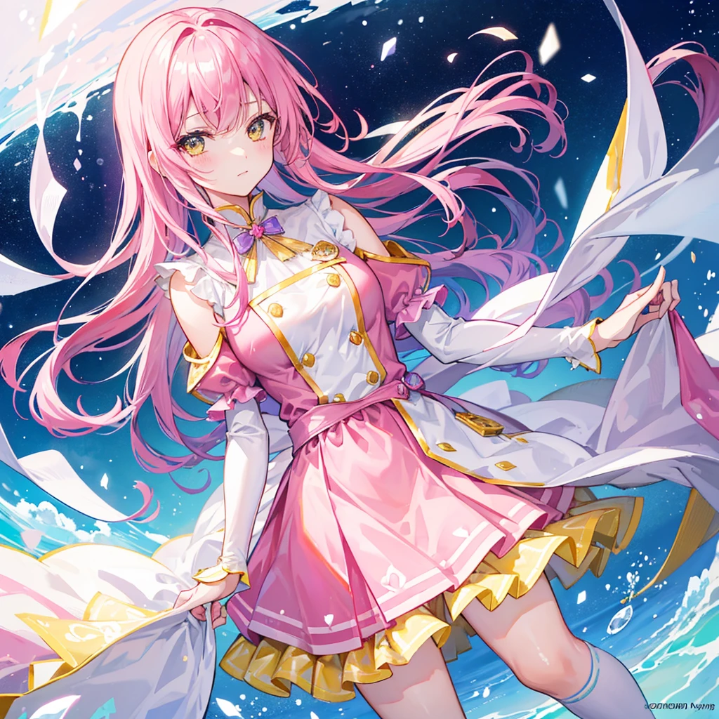 Shine淡いターコイズ色の髪と繊細な黄緑ピンクの瞳,Shiny,Pink Uniform, Yellow and white,Shine,Sweet sweet girl,The whole thing is shining,Looks very kind,My face is moisturized,Very delicate beauty