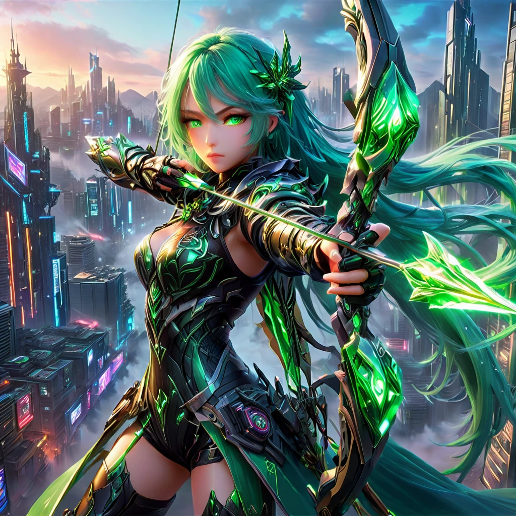 An anime girl with flowing emerald green hair，She&#39;s dressed in sleek black mech gear，In the background of the futuristic cyberpunk city。She was armed with a bow and arrow，A determined expression，Surrounded by neon lights、Cityscape with vivid colors and dramatic lighting，The overall style is full of charm and energy。
(cyberpunk:1.3) (mecha aesthetic:1.2) (anime girl:1.4), (flowing emerald green hair:1.2), (sleek black mecha armor:1.2), (futuristic cyberpunk cityscape:1.3), (high-angle shot:1.2), (gripping bow and arrow:1.3), (determined expression:1.2), (neon lights:1.3), (vivid colors:1.2), (dramatic lighting:1.2), (Konachan-style:1.1), (4K wallpaper:1.2), (captivating energy:1.2)