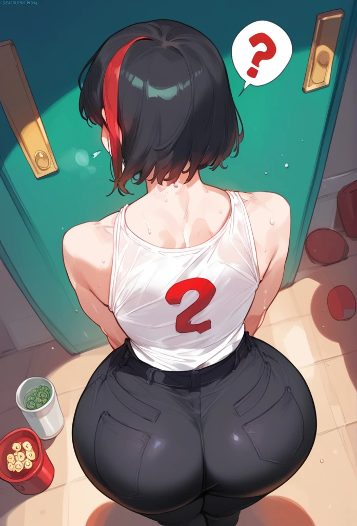 punctuation_9, punctuation_8_High above, punctuation_7_High above, punctuation_6_High above, punctuation_5_High above, mixed_artwork style, Dangling , big fit ass , neckleace, sweaty, sexy 1 girl, standing alone, hands, Asian, short black sleeveless t-shirt, black pants, short black hair with red highlights, Eyes red, ssmile, 