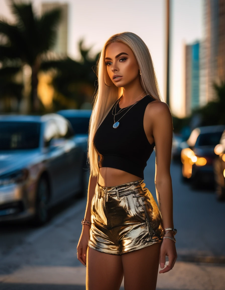 (best quality,4k,highres, highres face details), blonde long straight hair, 18 years old, instagram model, 36DD fake breast, fake lashes, fake lips, dark makeup, perfect skin, tan skin, she is skinny, she is caucasian, she is wearing a short shorts and a tank top,, high heels, slim gold chain, she is in miami, downtown miami, walking down the street, golden hour, view from behind, looking away from the camera