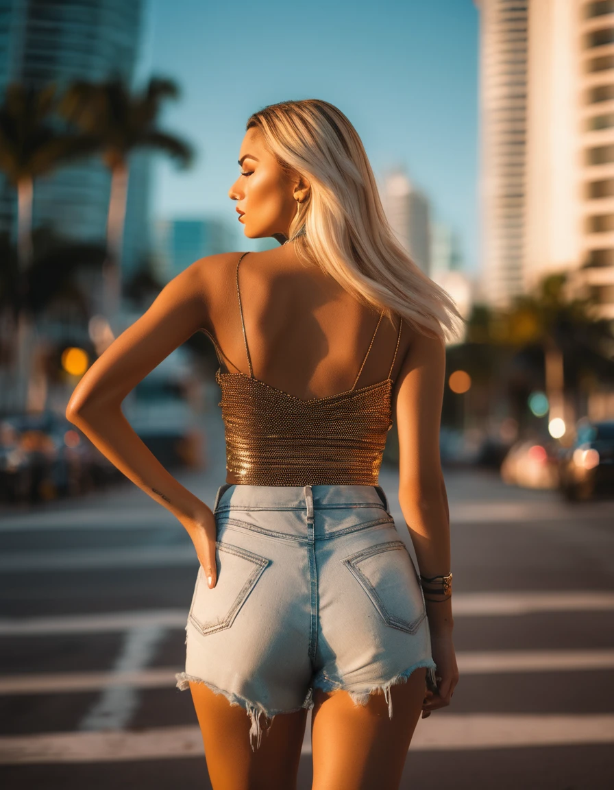 (best quality,4k,highres, highres face details), blonde long straight hair, 18 years old, instagram model, 36DD fake breast, fake lashes, fake lips, dark makeup, perfect skin, tan skin, she is skinny, she is caucasian, she is wearing a short shorts and a tank top,, high heels, slim gold chain, she is in miami, downtown miami, walking down the street, golden hour, view from behind, looking away from the camera