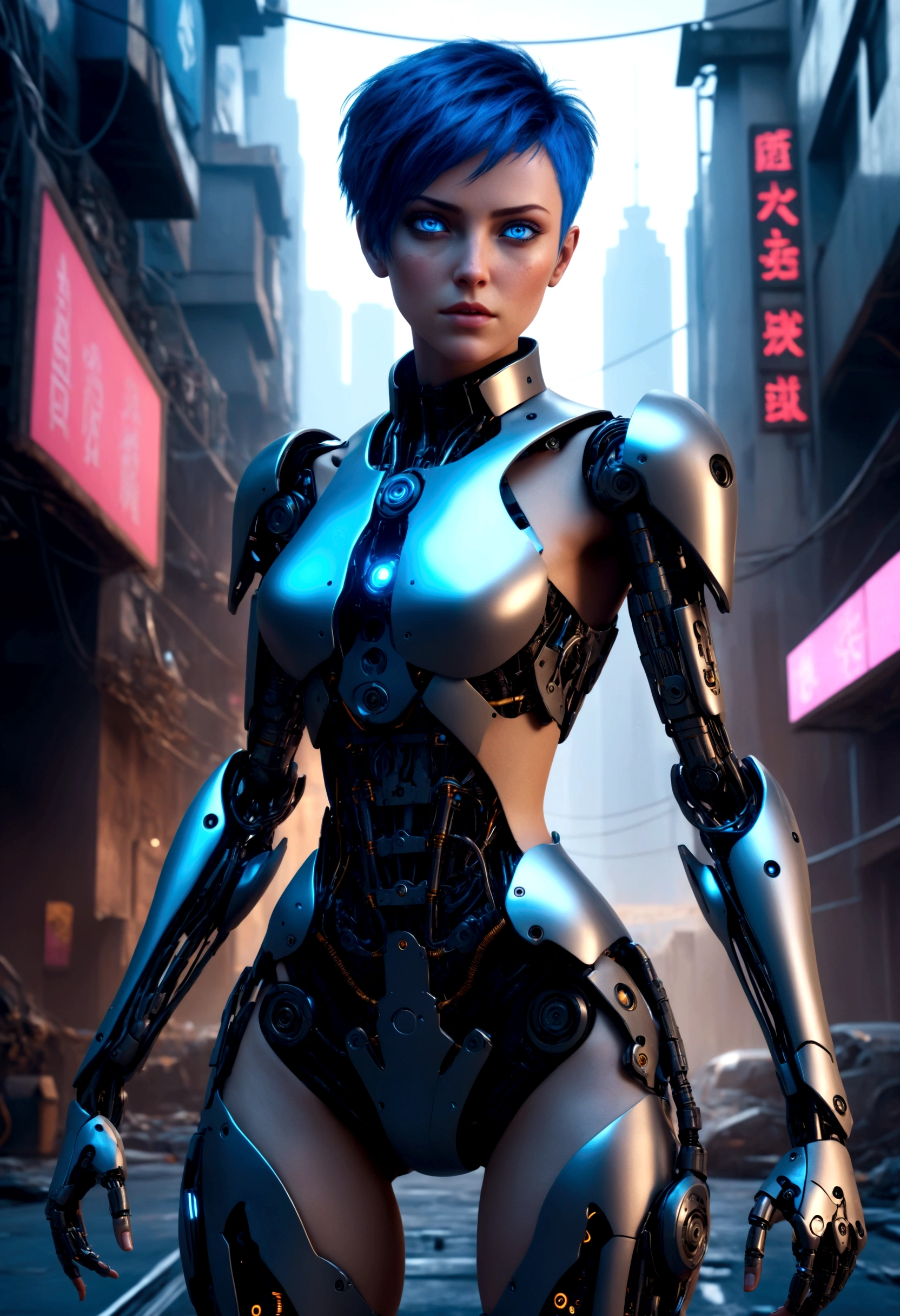 a beautiful cyberpunk cyborg woman, blue eyes, short hair, human body, mechanical legs, mechanical arms, in a furistic city, 8k ultra detailed and realistic