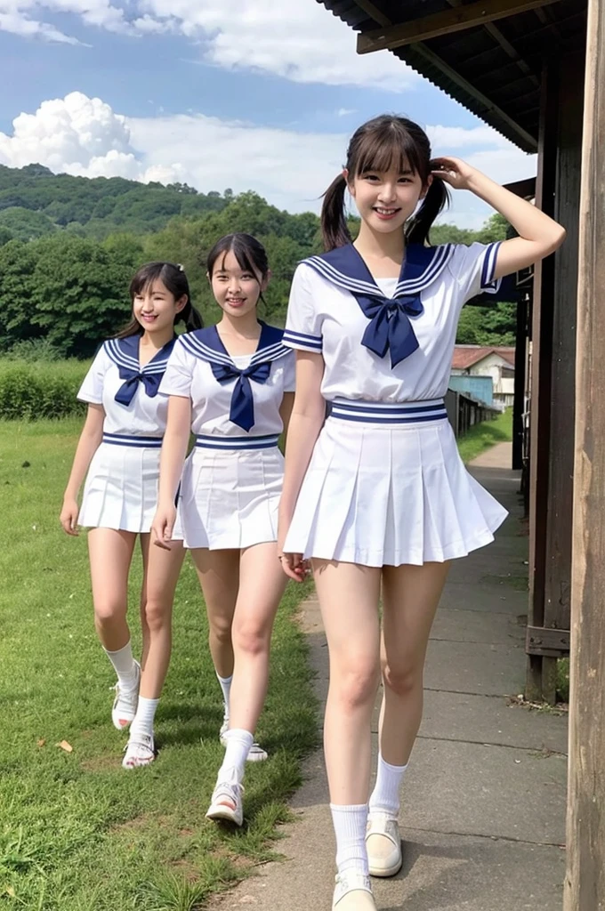 {2 | 3} girls standing in school beach,cloud in summer sky,white panties,white sailor shirt over,18-year-old,bangs,a little smile,thighs,knees,short hair with low pigtails bunches,from below,front light