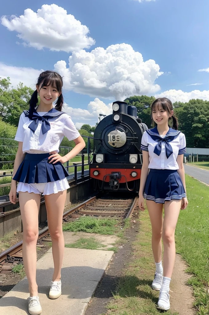 girls walking in rural station,wooden train on far side,cumulonimbus cloud in summer blue sky,white sailor shirt with red bow tie,white panties with navy blue frills,18-year-old,bangs,a little smile,thighs,knees,short hair with low pigtails bunches,from beside,front light