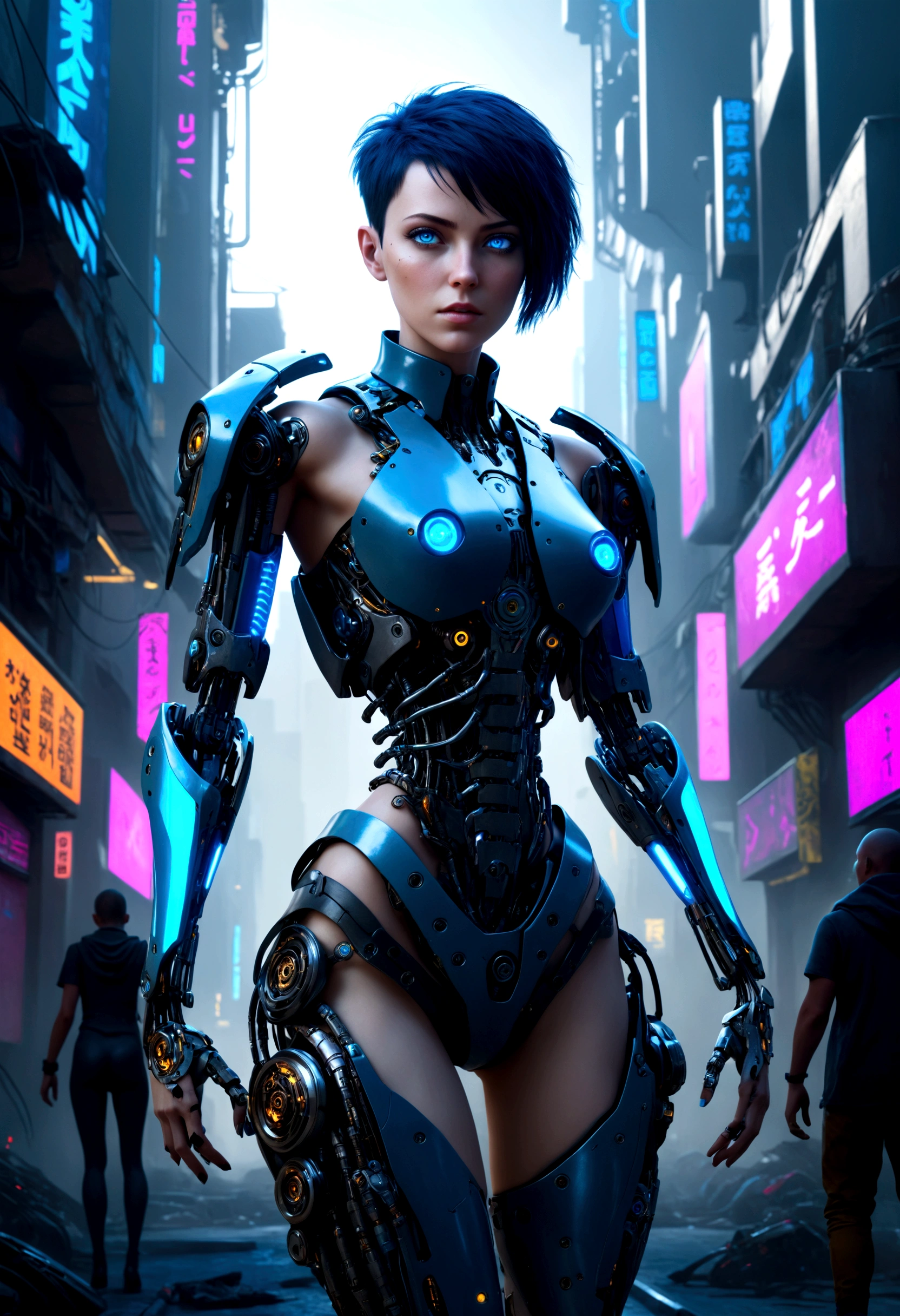a beautiful cyberpunk cyborg woman, blue eyes, short hair, human body, mechanical legs, mechanical arms, in a furistic city, 8k ultra detailed and realistic