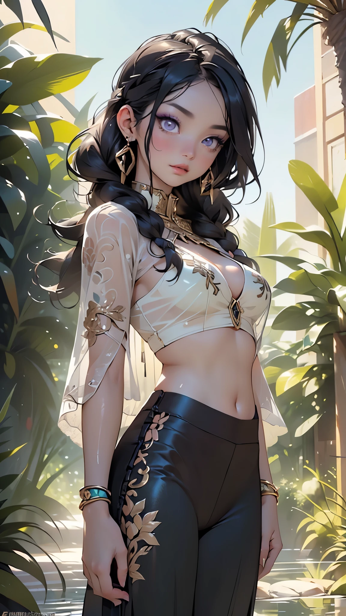 girl from ancient Egypt,1girl,

(large breasts:1.4),((((long twin braids,tight braids,long braid,braided hair,long hime cut,dark hair,black hair,colored inner hair)))),(((purple_eyes:1.3))),intricate eyes,beautiful detailed eyes,symmetrical eyes,((((lustrous skin:1.5,tanned skin,bright skin: 1.5,skin tanned,shiny skin,very shiny skin,shiny body,Reflective skin)))),(spider lower abdomen,narrow waist,wide hip,athletic body,inflated legs,thick thighs,delicate detailed fingers,(detailed face)),beautiful detailed lips,

cute,slutty,sensual,seductive look,seductive,((erotic)),opulent,sumptuous,((nsfw)),

zettai ryouiki,revealing clothing,show skin,cleavage,((underboob)),(((barefoot))),((harem bikini, harem beauty, beautiful alluring,transparent harem pants,((low-rise belly dance pants)),see-through pants)),((intricate harem outfit)),harem accessories,(harem jewelry in her arms),earrings,(((eyeshadow,egyptian makeup,eyelid makeup))),(((turquoise clothes:1.5,turquoise outfit:1.5,Transparent cloth:1.1,wet clothes,intricate outfit,embroidered outfit,ornate outfit,intricate cloth,embroidered cloth,ornate cloth))),

(flirtatious pose:1.3), looking at viewer,embarrassed,centered,scale to fit dimensions,Rule of thirds,

outdoors,(Bedouin tents,Bedouin tents background),scenery,(oasis,oasis background),extremely scenery,(puddles everywhere,moss,moss on the background),clouds,arabian style,palms,(sunset, golden hour),

(Glossy Egyptian ornaments),highres,sharp focus,(ultra detailed,extremely detailed),(photorealistic artwork:1.37),(extremely detailed CG unity 8k wallpaper),(((vibrant colors,vibrant theme))),(intricate),(masterpiece),(best quality),artistic photography,(photography taken by sldr),(intricate background),perfect rendered face,perfect face details,realistic face,photo realistic,((intricate detail)),(((realism))),
