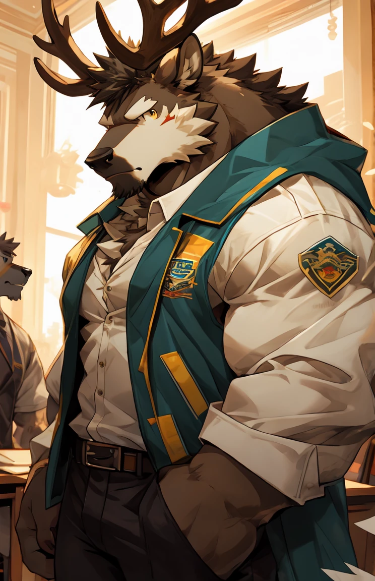 (by sollyz),Elk,detail face, detail eyes, detail,male,pants, pants,
,handsome,class room,
strong,epic,