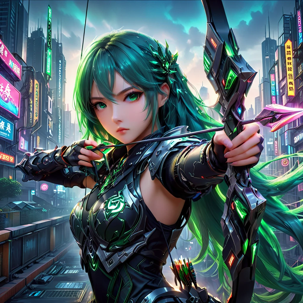 An anime girl with flowing emerald green hair，She&#39;s dressed in sleek black mech gear，In the background of the futuristic cyberpunk city。She was armed with a bow and arrow，A determined expression，Surrounded by neon lights、Cityscape with vivid colors and dramatic lighting，The overall style is full of charm and energy。
(cyberpunk:1.3) (mecha aesthetic:1.2) (anime girl:1.4), (flowing emerald green hair:1.2), (sleek black mecha armor:1.2), (futuristic cyberpunk cityscape:1.3), (high-angle shot:1.2), (gripping bow and arrow:1.3), (determined expression:1.2), (neon lights:1.3), (vivid colors:1.2), (dramatic lighting:1.2), (Konachan-style:1.1), (4K wallpaper:1.2), (captivating energy:1.2)