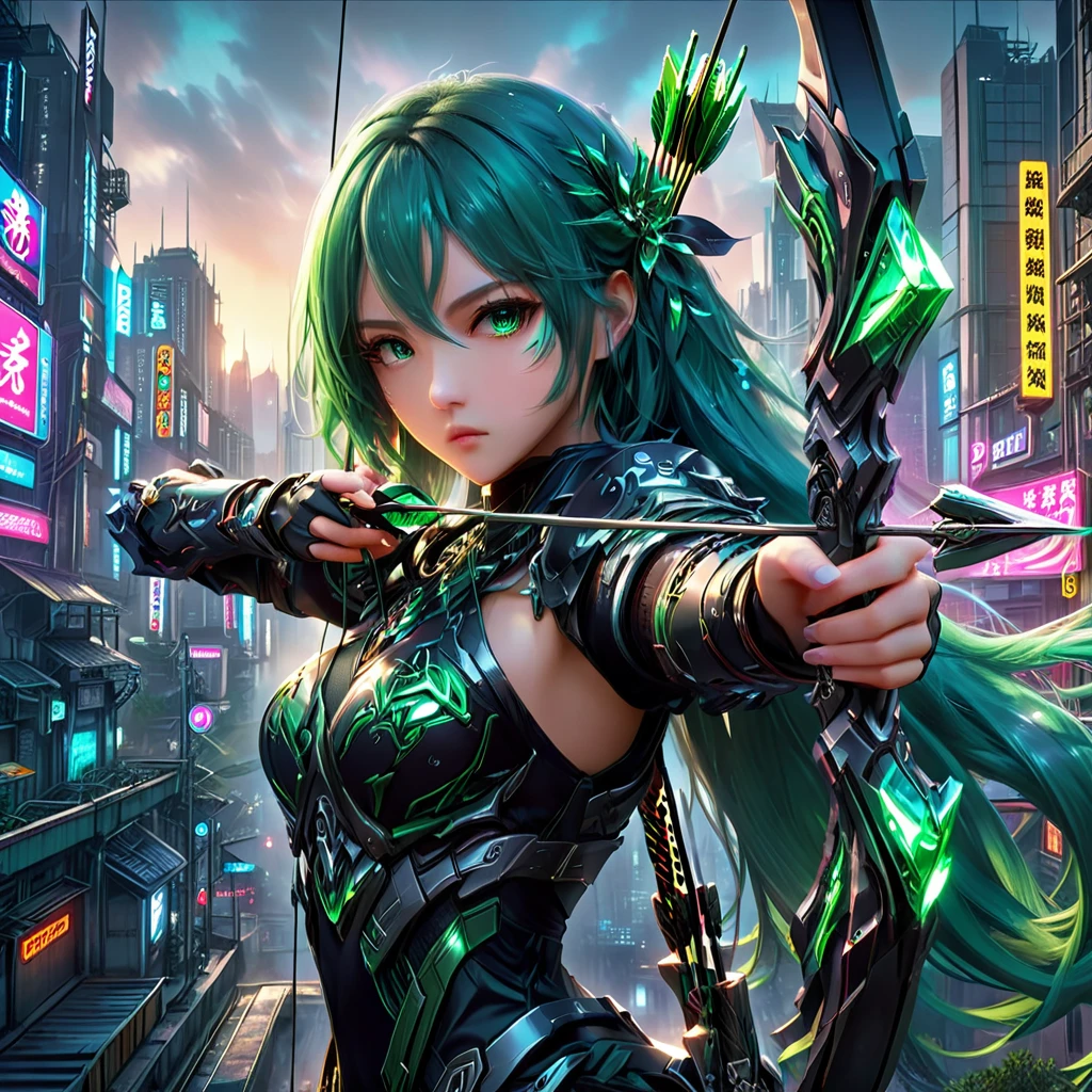 An anime girl with flowing emerald green hair，She&#39;s dressed in sleek black mech gear，In the background of the futuristic cyberpunk city。She was armed with a bow and arrow，A determined expression，Surrounded by neon lights、Cityscape with vivid colors and dramatic lighting，The overall style is full of charm and energy。
(cyberpunk:1.3) (mecha aesthetic:1.2) (anime girl:1.4), (flowing emerald green hair:1.2), (sleek black mecha armor:1.2), (futuristic cyberpunk cityscape:1.3), (high-angle shot:1.2), (gripping bow and arrow:1.3), (determined expression:1.2), (neon lights:1.3), (vivid colors:1.2), (dramatic lighting:1.2), (Konachan-style:1.1), (4K wallpaper:1.2), (captivating energy:1.2)