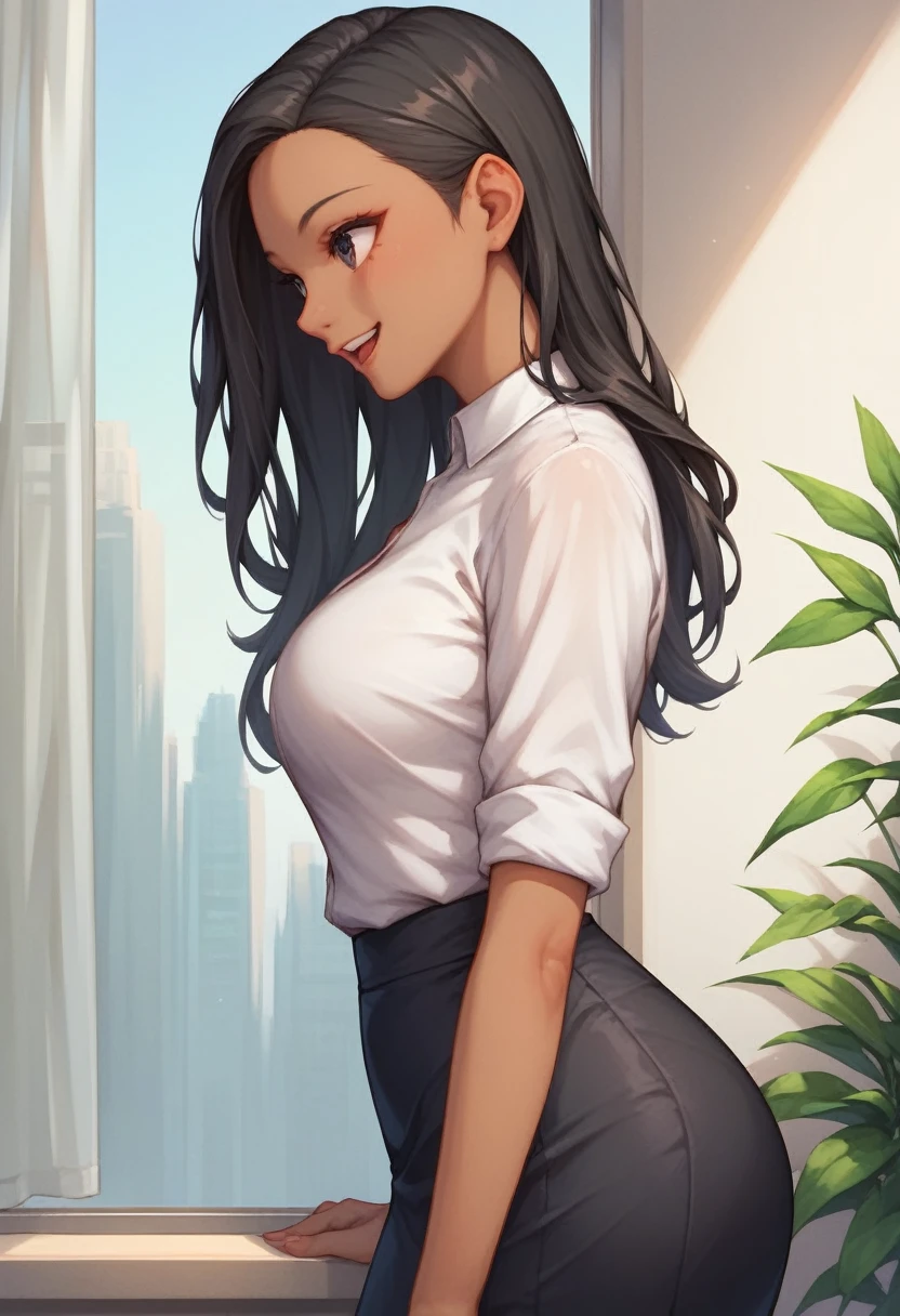 SFW, One girl , Upper body Black eyes,  Black Hair, Long Hair,Parted bangs, Long Hair, Dark Skin,  shirt, white shirt,  From the side,  View your viewers, indoor, Happy , Medium chest,Black tight skirt , Improve, Tight clothing,