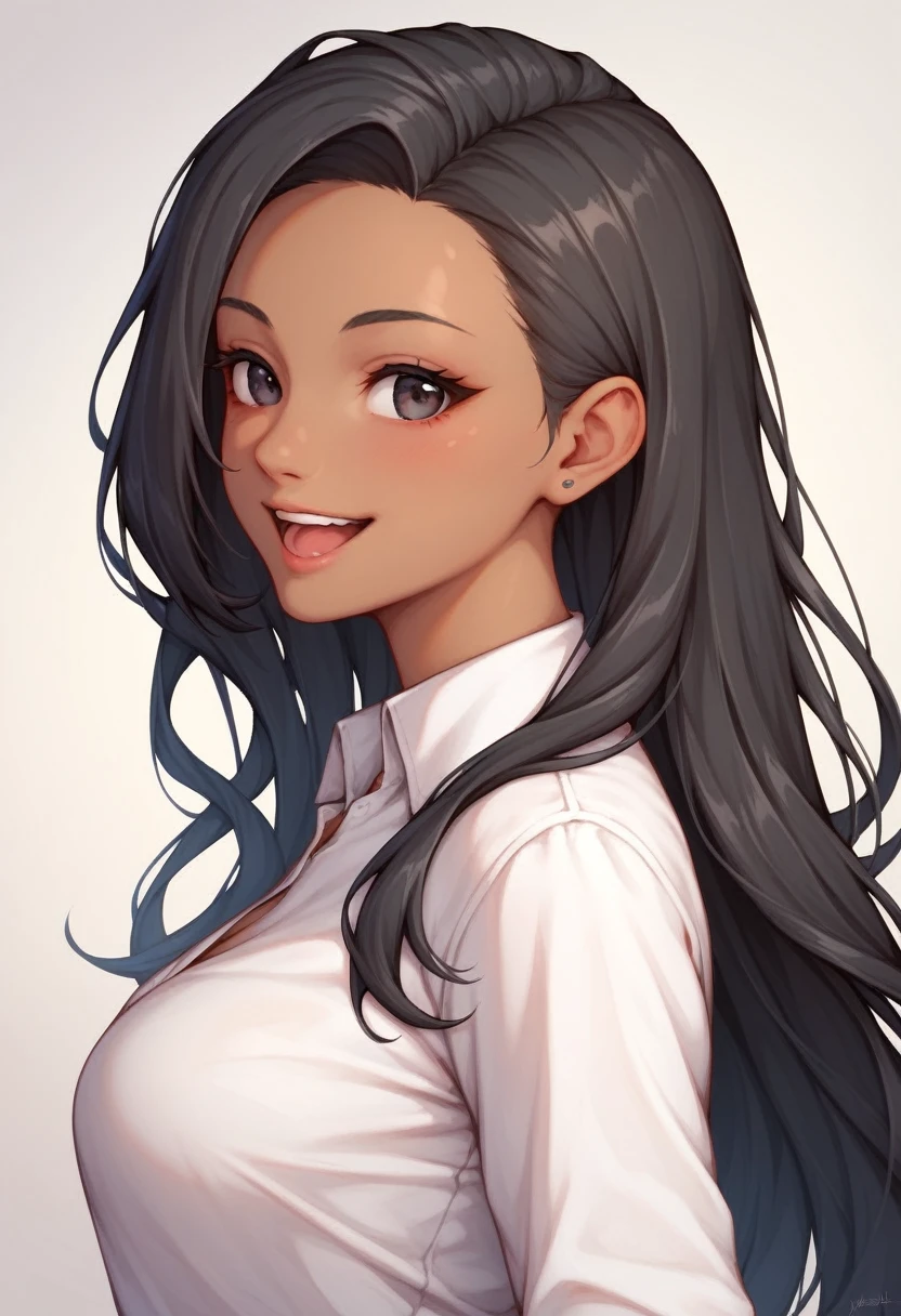 SFW, One girl , Upper body Black eyes,  Black Hair, Long Hair,Parted bangs, Long Hair, Dark Skin,  shirt, white shirt,  From the side,  View your viewers, indoor, Happy , Medium chest,Black tight skirt , Improve, Tight clothing,