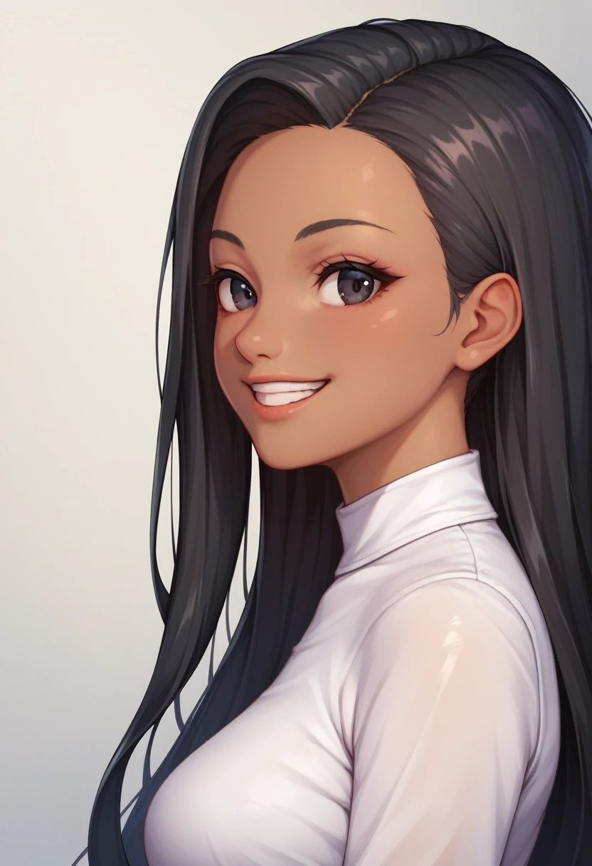 SFW, One girl , Upper body Black eyes,  Black Hair, Long Hair,Parted bangs, Long Hair, Dark Skin,  shirt, white shirt,  From the side,  View your viewers, indoor, Happy , Medium chest,Black tight skirt , Improve, Tight clothing,