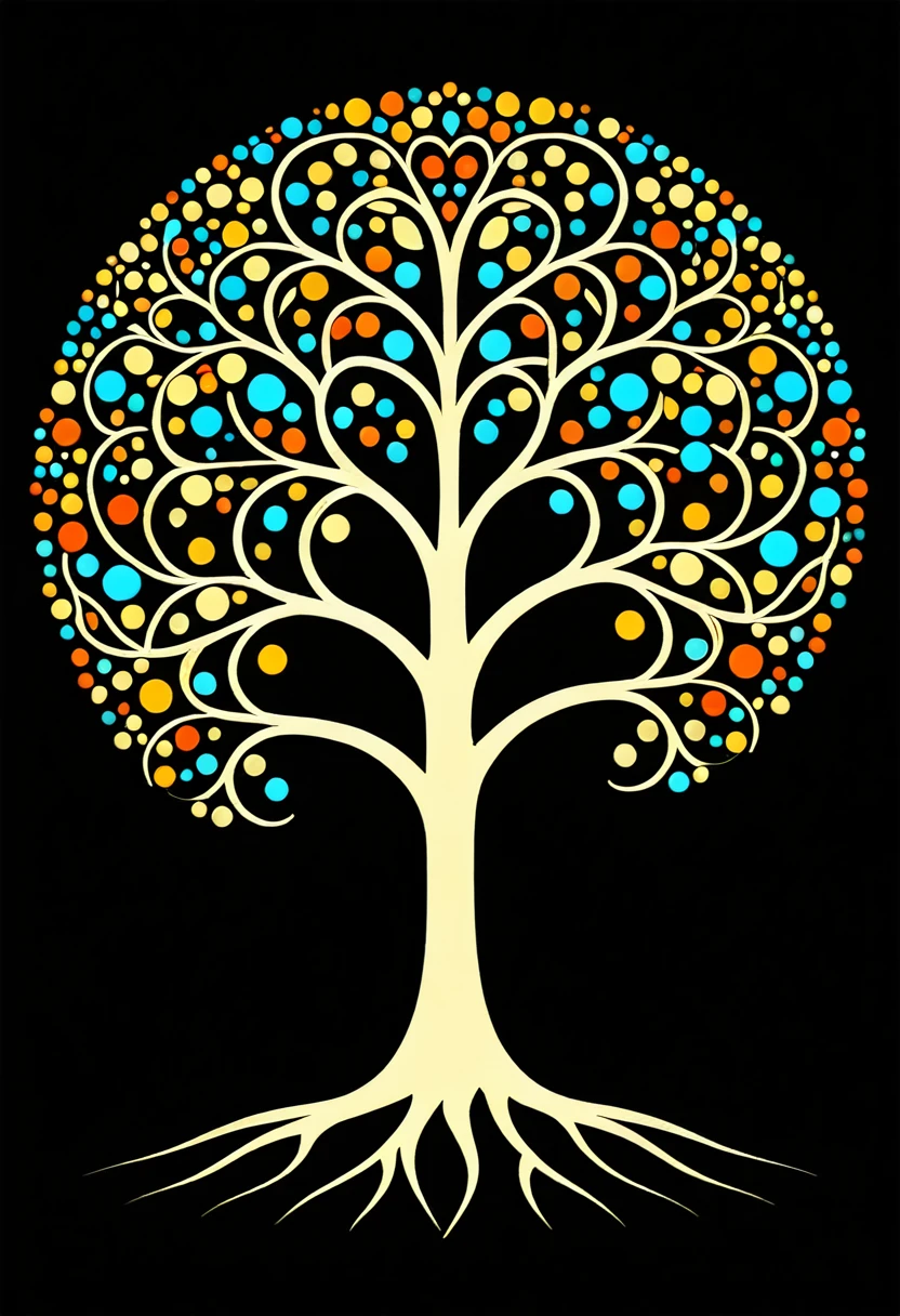 a minimalist conception of a tree of life, Fond noir, en couleur, très détaillé, cinématique, dynamique, embrasé, couleurs riches, Beau, créatif, positif, vibrant, élégant, complexe, Réel, pensée, imposant, incroyable, Attractif, avancé, luxe, élite, Futuriste, cool, Génial, inspirant, aimant, merveilleux, épique, superbe t-shirt_conception