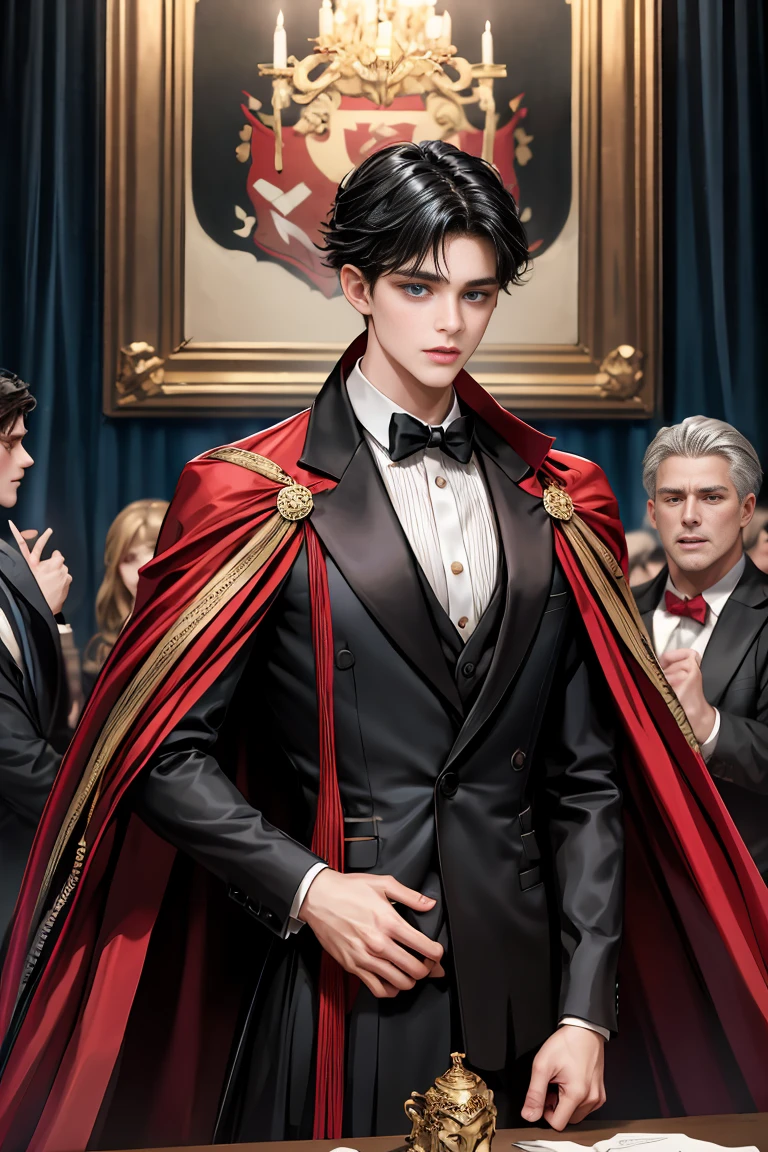 
masterpiece, 最high quality, high quality, 1 boy, alone, Male focus, Watching the audience,  Messy black hair, Adorable big blue eyes, White people, Noble, Noble,Sexy voluminous black and red cape、Tuxedo、A very voluminous, large, very large, very large, long, long red and black cape with a high stand-up collar, reaching down to the floor, made of a lot of fabric., 17 years old,Cute beautiful boys,Cute, cute, kind, handsome guy