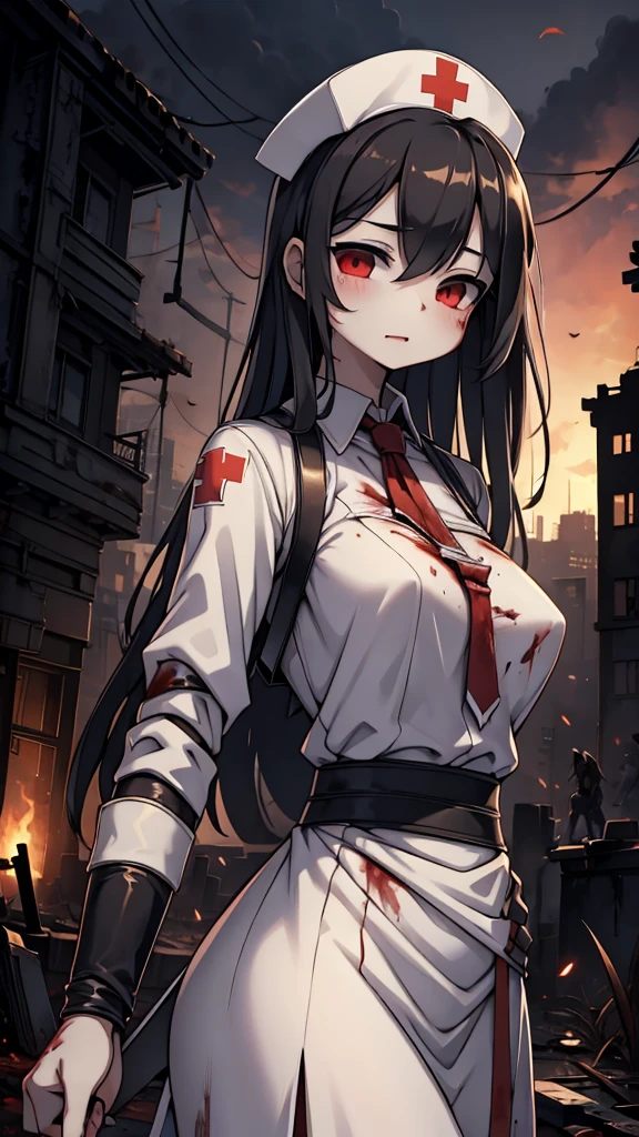 Zombie World,Wasteland style,Doomsday style,Blood,Blood,沾满Blood的衣服,Zombie girl,Zombie girl,fester,rot,ruins背景,ruins背景,City背景,Zombie background,Horror backgrounds,City街道上的Zombie Girl,Close-up above the waist,Light and Shadow,illumination,ruins,City,Modern City,Nurse uniform,Ragged clothes,破烂Nurse uniform,Close-up above the waist,Upper body close-up,Zombie Girl,Wound,Body sutures,Pale skin,Bloodless skin