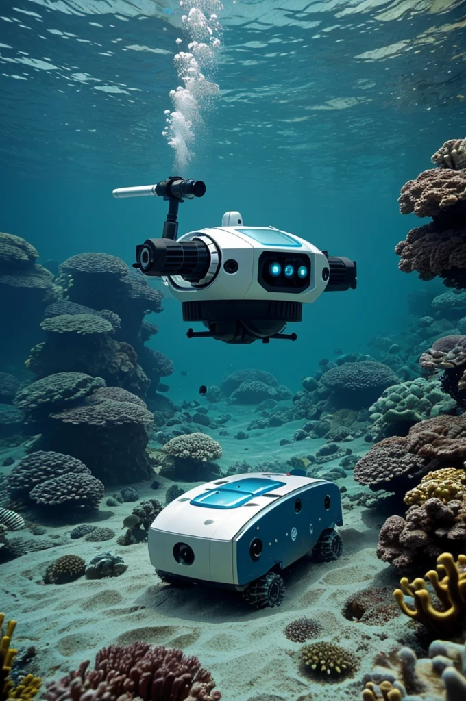 Create a robotic underwater probe that is designed to clean and monitor the underwater floor