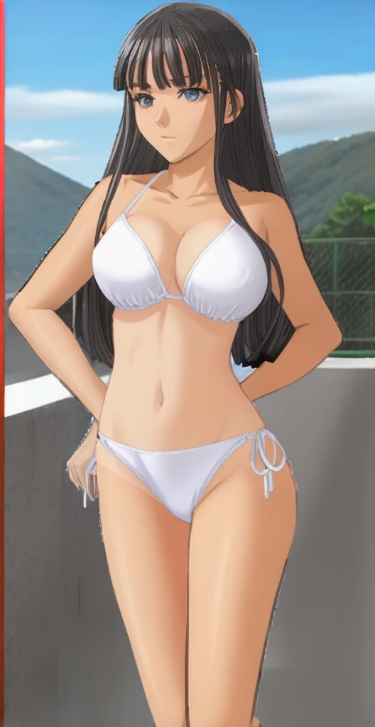 Mizushima Asa, a girl with big breasts and beautiful legs, is standing in a white bikini with her legs spread to the sides and her hands on her hips.。