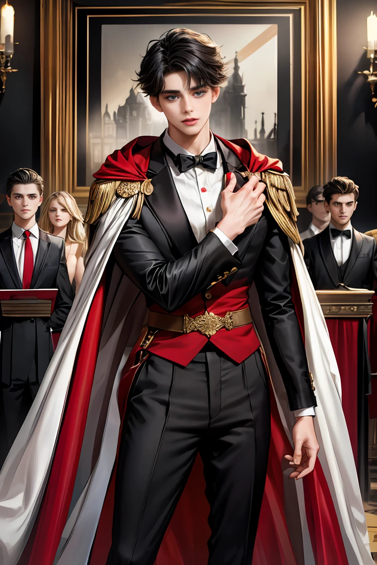 masterpiece, 最high quality, high quality, 1 boy, alone, Male focus, Watching the audience, Messy black hair, Adorable big blue eyes, White people, Noble, Noble,Sexy voluminous black and red cape、Tuxedo、A very voluminous, large, very large, very large, long, long red and black cape with a high stand-up collar, reaching down to the floor, made of a lot of fabric., ,Cute beautiful boys,Cute, cute, kind, handsome guy