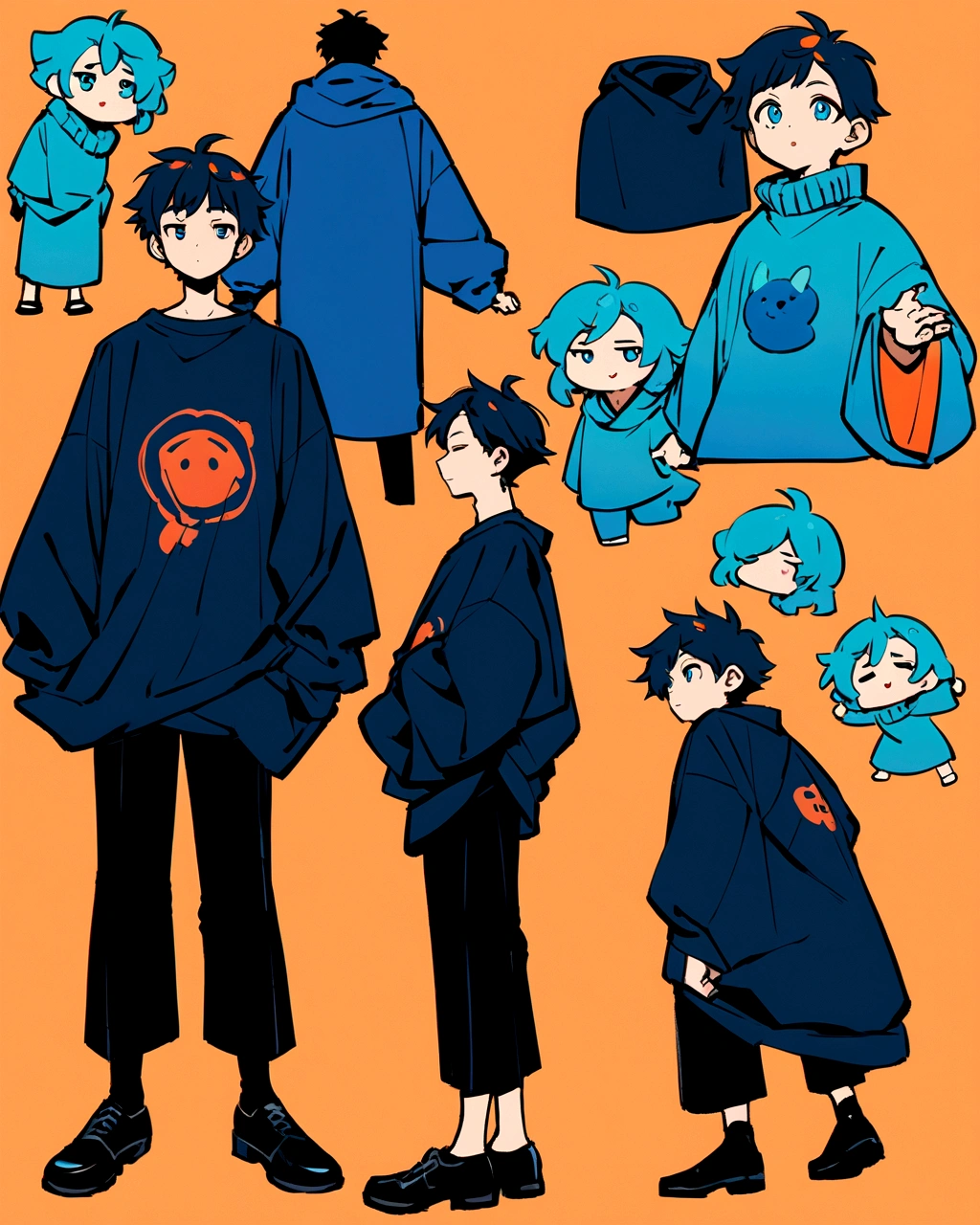 Create an illustration of a boy's character standing in a relaxed pose against a solid orange background. The character should wear oversized clothes: a blue sweater paired with black pants. They should have black shoes, and their expression should convey a sense of calm or contentment. The style should be anime-inspired, with attention to vibrant colors and unique character design."