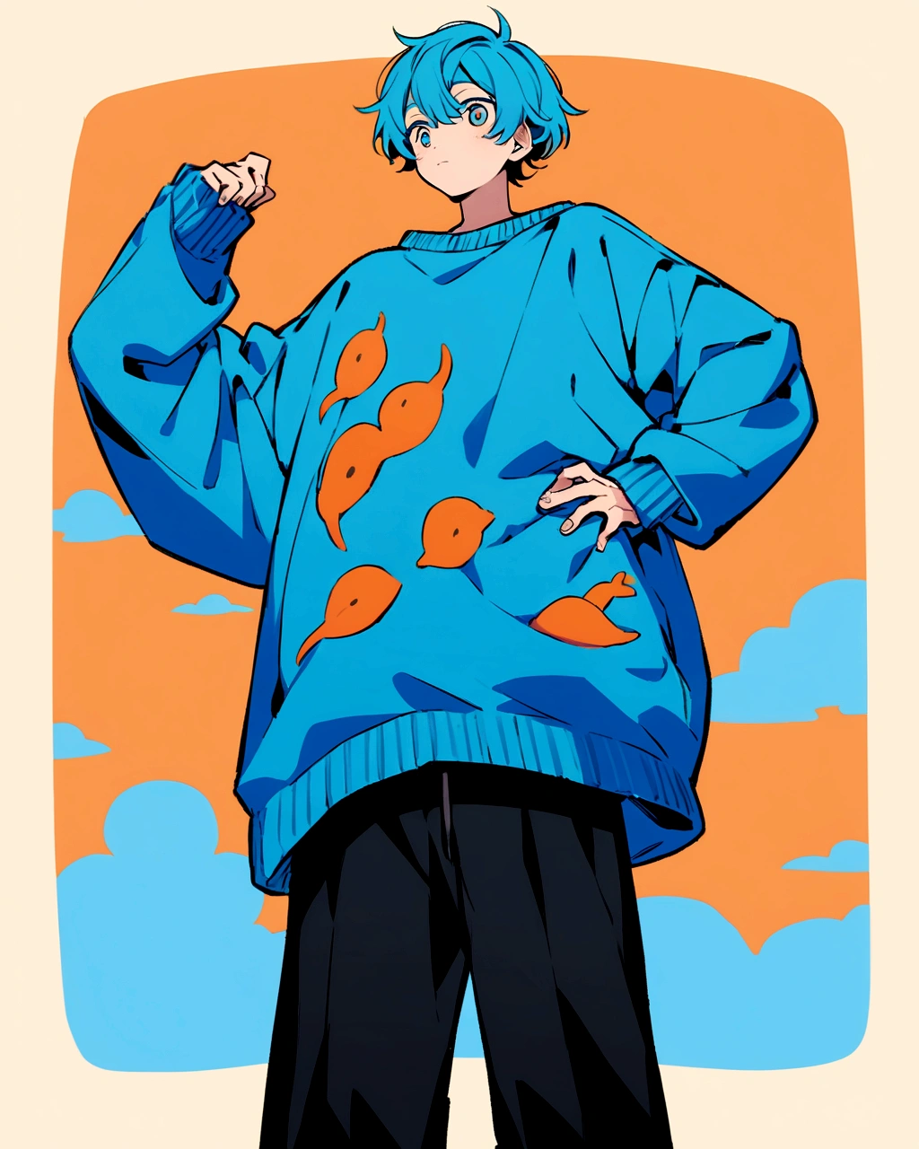 Create an illustration of a boy's character standing in a relaxed pose against a solid orange background. The character should wear oversized clothes: a blue sweater paired with black pants. They should have black shoes, and their expression should convey a sense of calm or contentment. The style should be anime-inspired, with attention to vibrant colors and unique character design."