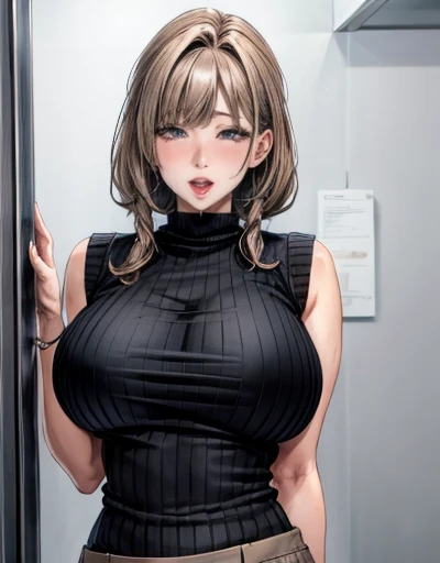 Mature Woman,(Big Breasts:1.5),(Shiny Hair),((alone)),((masterpiece)),((Highest quality)),Perfect Anatomy,Tight waist,Perfect Image,8K Ultra HD,(Beautiful details:1.5),Very detailed顔,Straddle,(Look at the front:1.5),Arms back,Very detailed,Absurd,High resolution,(Light brown hair:1.5),((Blunt bangs)),Sexy lips,((Mouth wide open and drool)),セクシーなMature Woman,blush,30 years old,Long Hair,Black ribbed sweater,My clothes got torn,Her cleavage is visible,Sleeveless,mini skirt,Browsing Caution