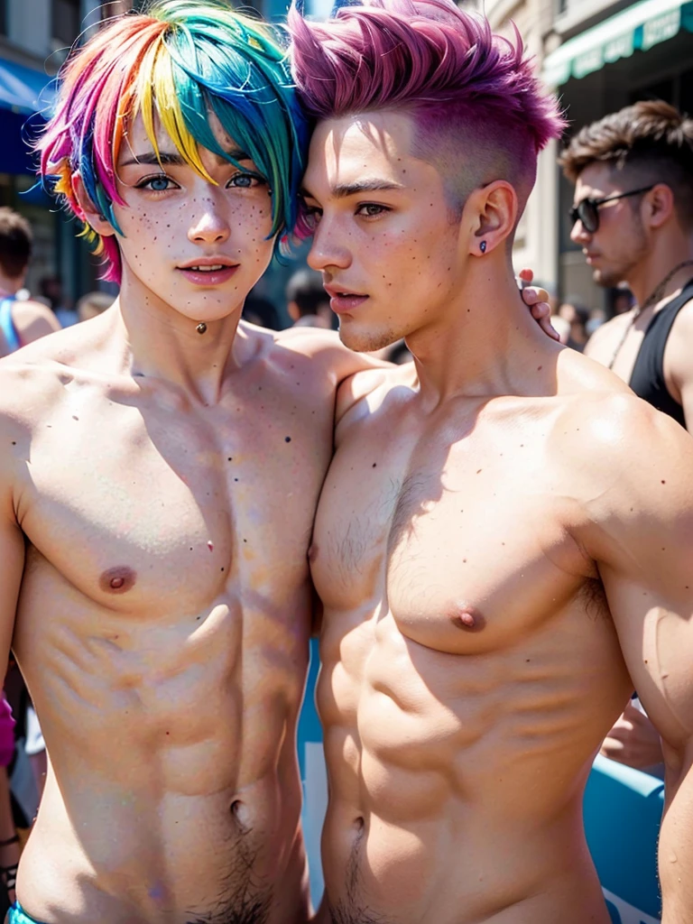 23 year old naked boy with colored hair , Gay pride , pride day, celebreting , cue , freckles in the face , madrid , real streets of madrid , penis visible on camera