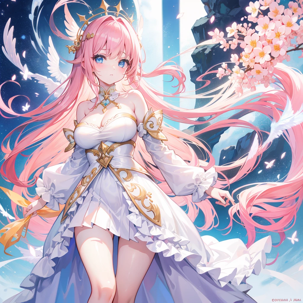 The most beautiful in the world，The brightest apricot pink hair、Shiny Hair、Super long, silky straight hair、Beautiful bangs of glitter borats、、Bright expression、The cutest face in the world、Young and radiant white skin、The most beautiful in the world，The most beautiful、The ultimate beauty、、Charming light blue eyes as clear as sparkling crystals、A very lovely and adorable 16 year old girl、Ample breasts