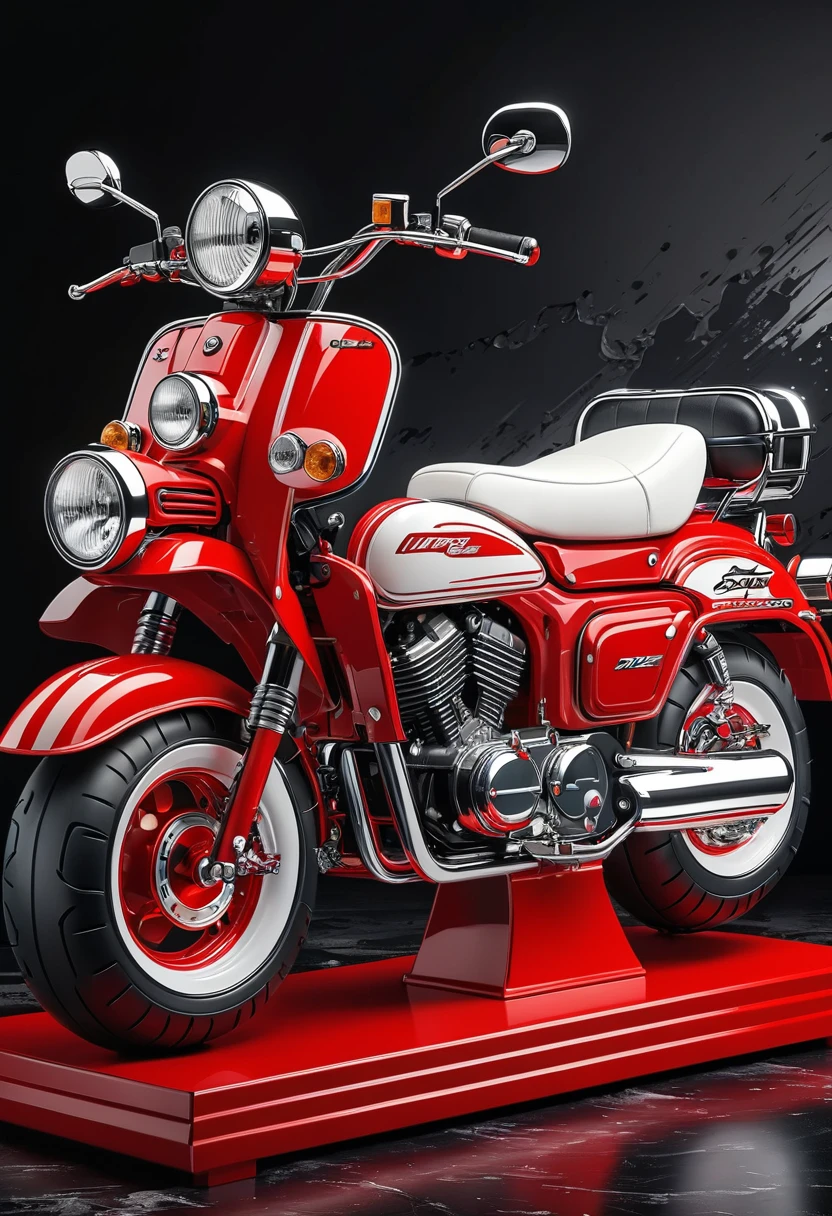 Cartoon style motorcycle booster.  Red and white color matching creates a professional atmosphere..High-quality artworks created by master artists， best quality, Detailed Details，Black mineral background，Create a professional atmosphere，Professional display，