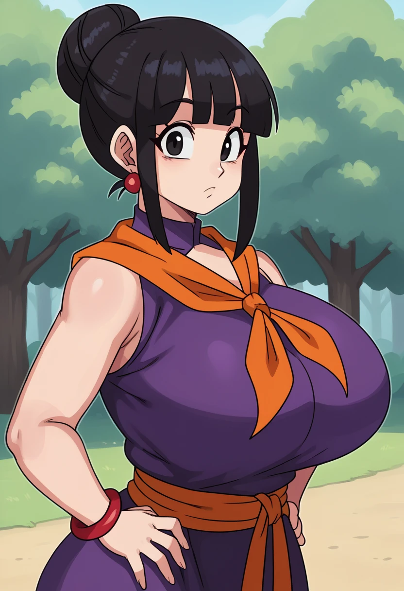 source_anime, score_9, score_8_up, score_7_up,8k, absurd res, chi-chi, 1girl, solo, looking at viewer, bangs, tree, black hair, outdoors, looking to the side, standing, upper body, sidelocks, earrings, blunt bangs, hair bun, black eyes, red bracelet, crossed arms, single hair bun, purple dress, orange neckerchief, , orange sash, sleeveless, hands on hip, S2Z0n1c21.5XL style, huge breasts, cute expression
