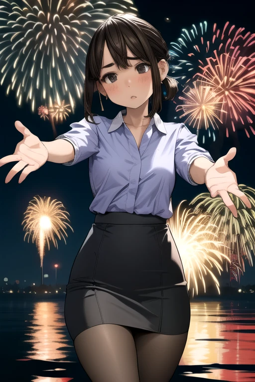 Very detailed, high quality:1.5, masterpiece, beautiful, Film Portraits,(dark),((douki-chan)),short ponytail,office lady,blue shirt,high-waist skirt,pencil skirt,pantyhose,jewelry,earrings,(((Tilt  head))),The hug is coming, incoming kiss, Spread your hands,((Close your eyes)),(((Station platform))),誰もいないStation platform,night,Flushing of cheeks,Lovely,dark照明,Fireworks can be seen in the distance