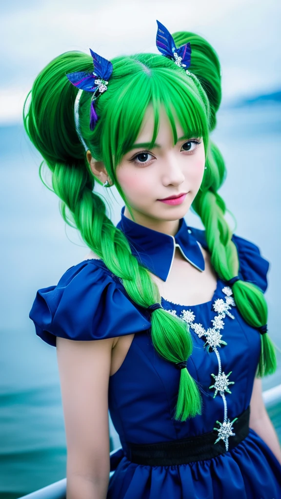 1girl, solo, hair ornament, green hair, twintails, long hair, dress, water