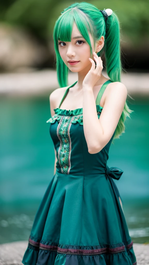 1girl, solo, hair ornament, green hair, twintails, long hair, dress, water