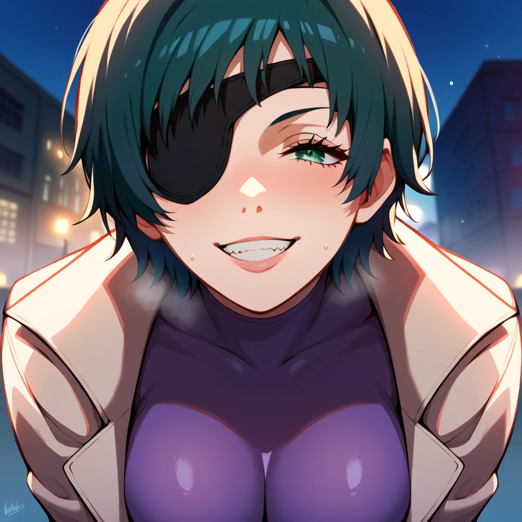 mature female, mature, Adult, himeno, himeno(Chainsaw Man), 1girl, black hair, short hair, eyepatch, Himeno(Chainsaw Man), solo, seductive smile, evil grin, aroused, in heat, nsfw, Villains, Open coat, latex purple leotard under the trench coat, Light green pantyhose, chest, View your audience, Night town, City, skyscraper, Night, Dark, dramatic angle, unique perspective, unique angle, masterpiece, Top animation quality，Top image quality,