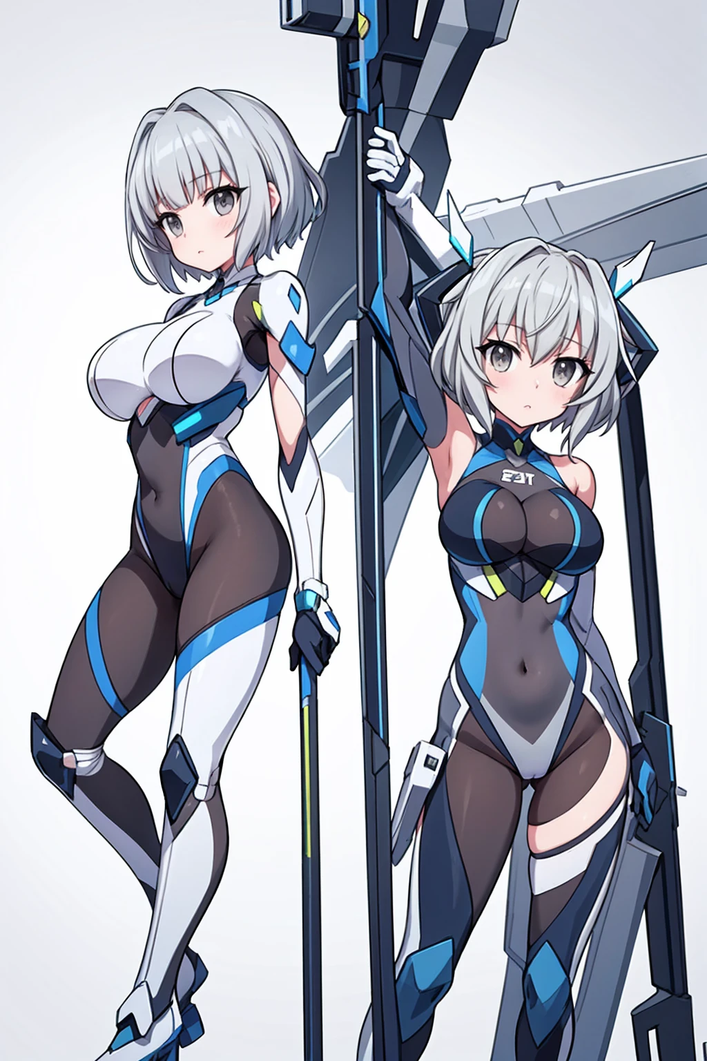 whole body,Standing posture, (Gray Hair,Bobcut,) (Super big breasts,,), (beautifully drawn face:1.2) (High leg leotard,Symphogear Suit,Sci-Fi Suit) Expressionless,(White background)