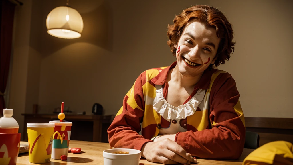 Ronald MCDonald's clown sitting with his hands on a table, with an evil smile