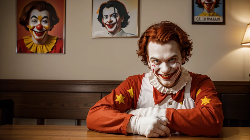 Ronald MCDonald's clown sitting with his hands on a table, with an evil smile