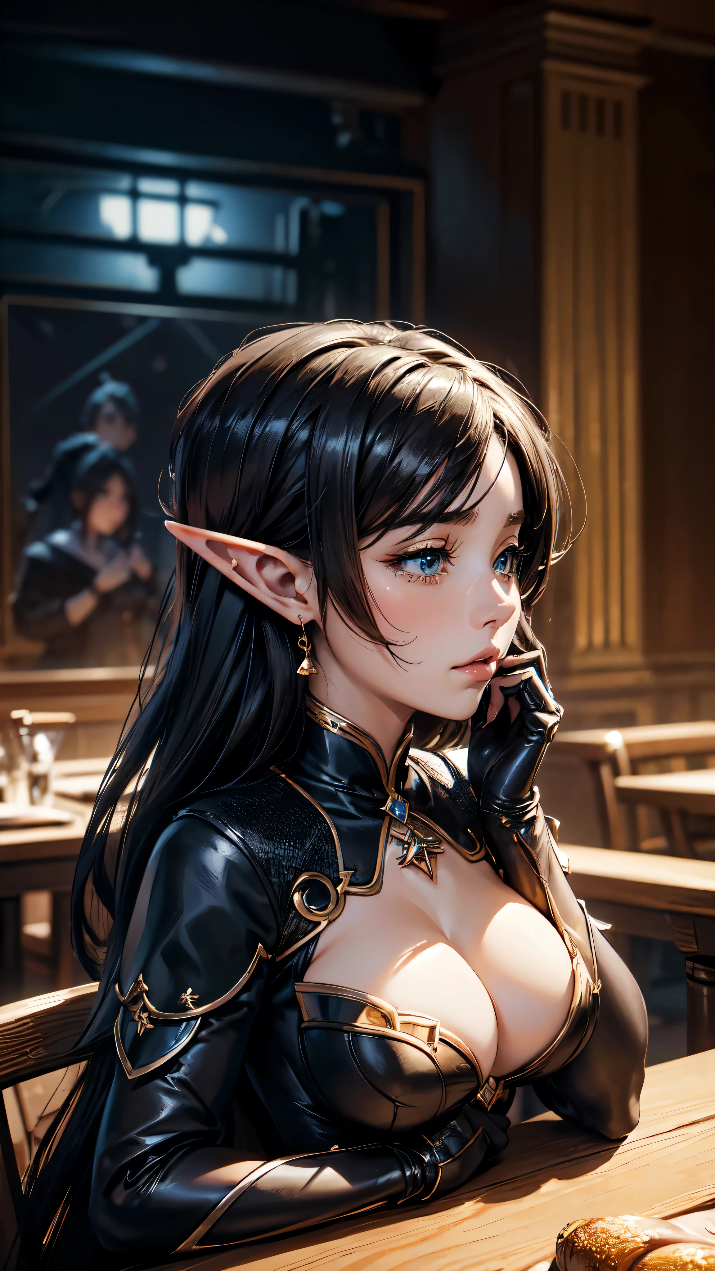 high resolution, ultrasharp, 8k, Masterpiece, mona from genshin impact, sexy medium tits, profile, sitting at the table, crying, sad, de profile, erotic, backview,elf woman, detailed yees, detailed hands, detailed face, full body,
