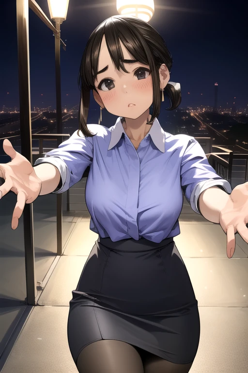 Very detailed, high quality:1.5, masterpiece, beautiful, Film Portraits,(dark),((douki-chan)),short ponytail,office lady,blue shirt,high-waist skirt,pencil skirt,pantyhose,jewelry,earrings,(((Tilt  head))),The hug is coming, incoming kiss, Spread your hands,((Close your eyes)),(((Station platform))),誰もいないStation platform,night,Flushing of cheeks,Lovely,dark照明,