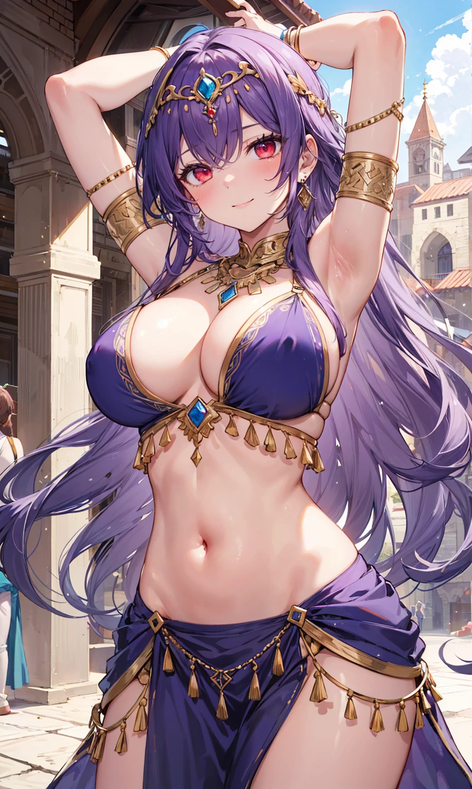 high quality, ultra detailed, best quality, insanely detailed, beautiful, masterpiece, 1girl, medieval plaza, cowboy shot, red eyes, long hair, purple hair, belly dancer, circlet, earrings, armlets, bracelets, bashful smile, large breasts, cleavage, soft stomach