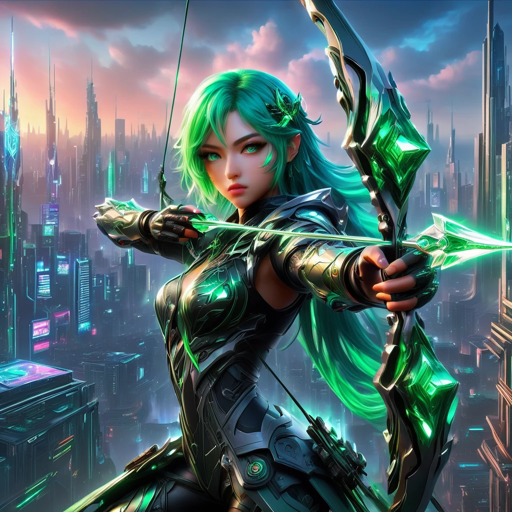 An anime girl with flowing emerald green hair，She&#39;s dressed in sleek black mech gear，In the background of the futuristic cyberpunk city。She was armed with a bow and arrow，A determined expression，Surrounded by neon lights、Cityscape with vivid colors and dramatic lighting，The overall style is full of charm and energy。
(cyberpunk:1.3) (mecha aesthetic:1.2) (anime girl:1.4), (flowing emerald green hair:1.2), (sleek black mecha armor:1.2), (futuristic cyberpunk cityscape:1.3), (high-angle shot:1.2), (gripping bow and arrow:1.3), (determined expression:1.2), (neon lights:1.3), (vivid colors:1.2), (dramatic lighting:1.2), (Konachan-style:1.1), (4K wallpaper:1.2), (captivating energy:1.2)