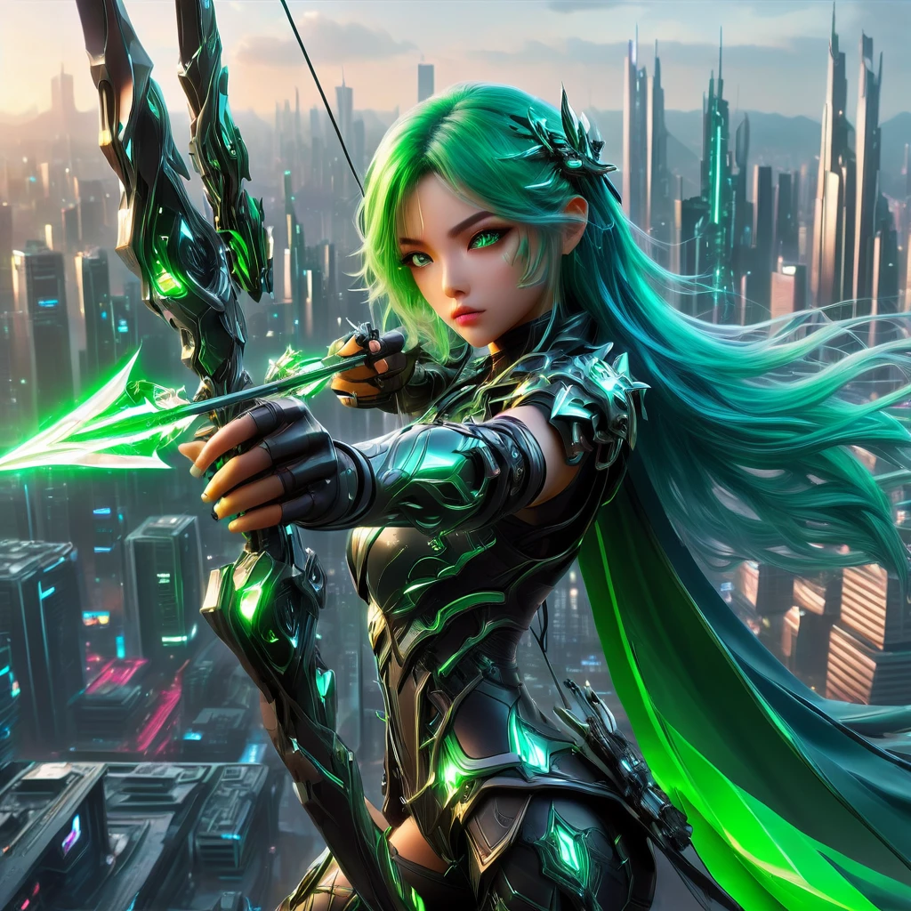 An anime girl with flowing emerald green hair，She&#39;s dressed in sleek black mech gear，In the background of the futuristic cyberpunk city。She was armed with a bow and arrow，A determined expression，Surrounded by neon lights、Cityscape with vivid colors and dramatic lighting，The overall style is full of charm and energy。
(cyberpunk:1.3) (mecha aesthetic:1.2) (anime girl:1.4), (flowing emerald green hair:1.2), (sleek black mecha armor:1.2), (futuristic cyberpunk cityscape:1.3), (high-angle shot:1.2), (gripping bow and arrow:1.3), (determined expression:1.2), (neon lights:1.3), (vivid colors:1.2), (dramatic lighting:1.2), (Konachan-style:1.1), (4K wallpaper:1.2), (captivating energy:1.2)