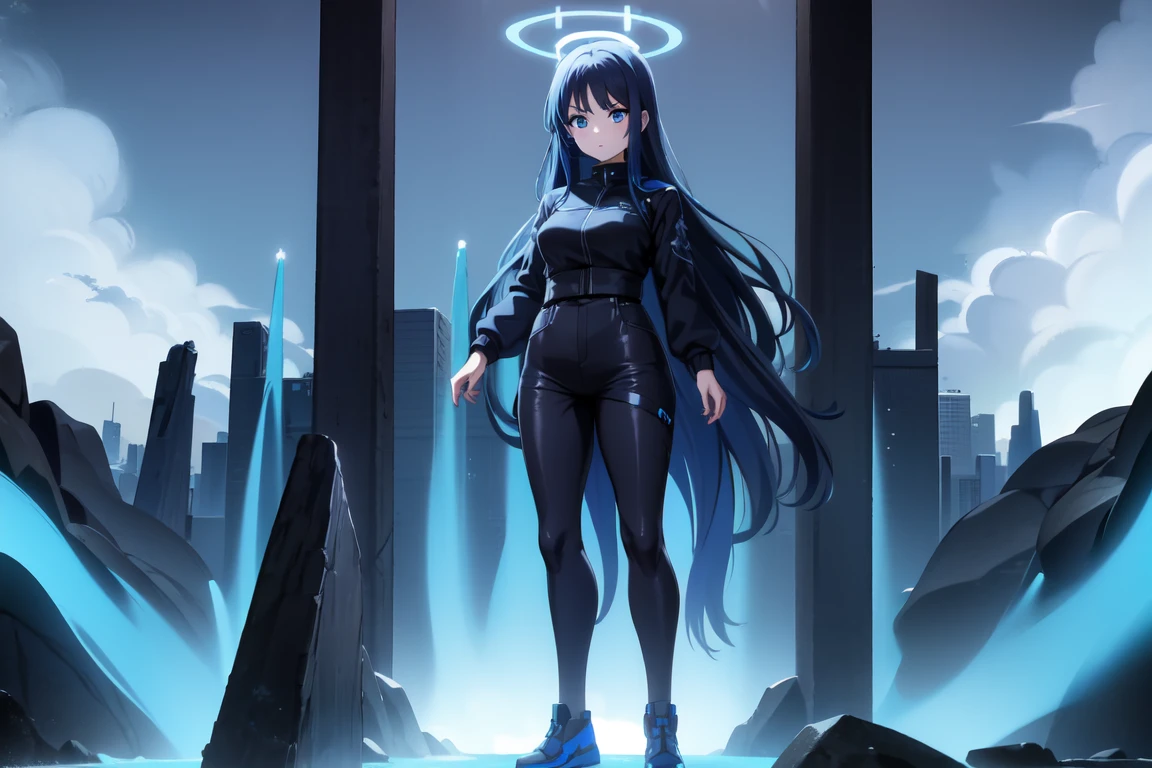1girl,solo, saorijoumae, saori joumae, blue eyes, blue hair, halo, long hair, black jacket with high neck, black pants, cursed energy