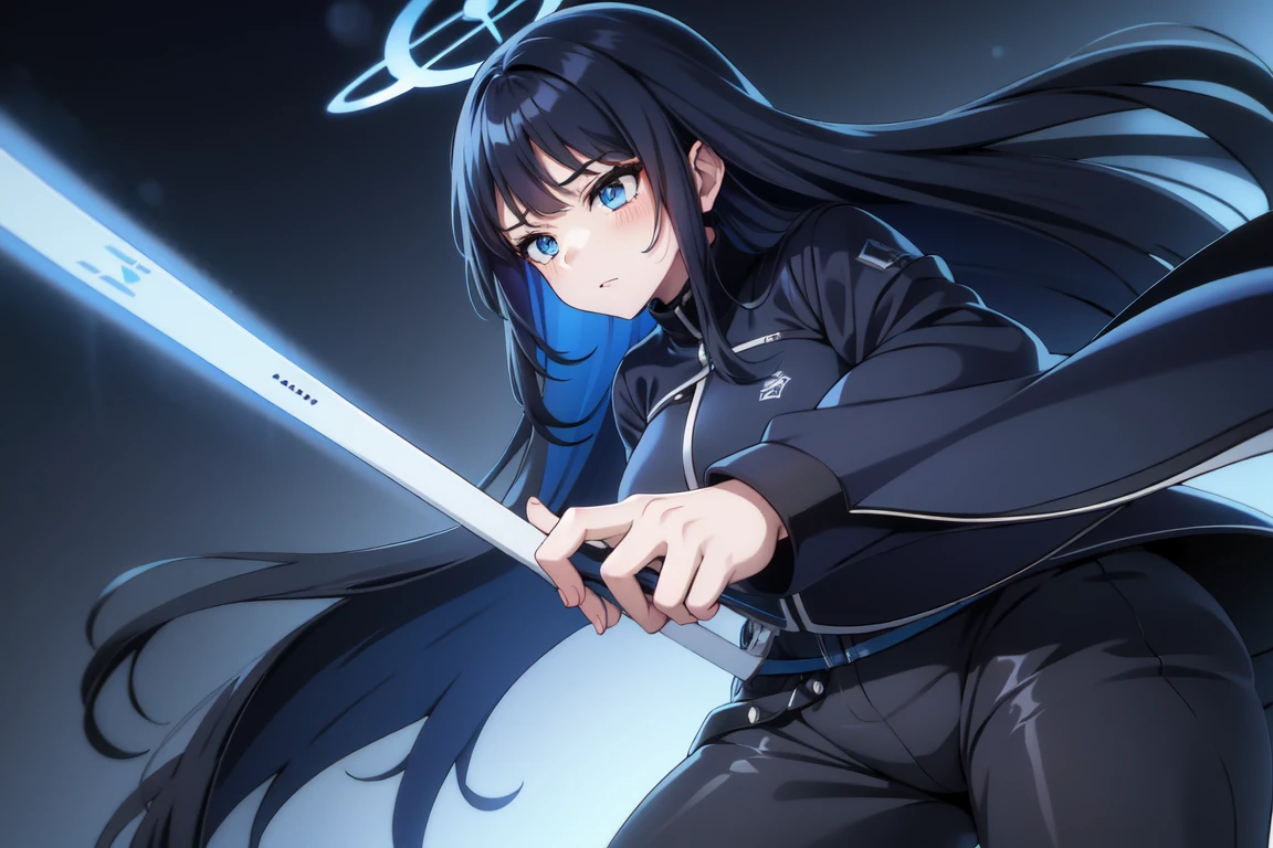 1girl,solo, saorijoumae, saori joumae, blue eyes, blue hair, halo, long hair, black jacket with high neck, black pants, cursed energy