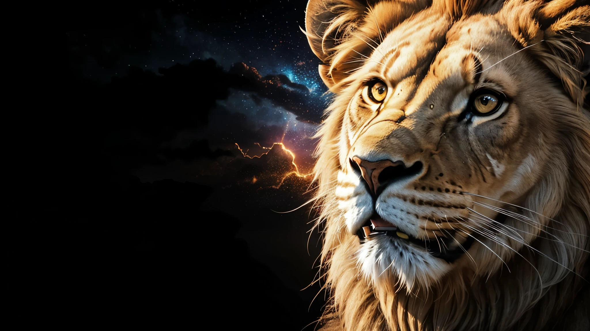 Lion, Divine Lion, naturals, naturals, ferocious, masculine, mighty, golden lion, Powerful Lion, Beautiful nature, Great Realistic Lion, FullHD 8K, Sky ligh, Sunset Night, Ligh Sky Sun, Balck Golden, black andwhite, black and gold, detailed realistic face, 8K Detailed Realistic White Lion, Ultrarealistic 8k |Energia de thunder realista detalhada, Strong Creature realista detalhada, Strong Creature, Lion macho, Rendering, Fotorrealista 8K, UltraHD Alta definição 8K, Detailed Realistic 16K, Nitidez Fotorrealista 8K, 16K photorealistic textures, Contraste Fotorrealista 8K, Sombras Fotorrealistas 8K, Luzes Fotorrealistas 8K, Detailed realistic sunset, Detailed Realistic Lion Face, Detailed realistic light, detailed textures, thunder, detailed shadows, detailed colors, Celestial Electricity, Golden thunder, Lion realista, Ultra Realistic 16K, Realistic 16K, Realistic 16K sharpness, 16K photorealistic textures, 16K realistic colors, powerful creature, Majestic power, Power of Heaven, Great Divine, detailed contrast, realistic contrast, high resolution, detailed colors, fire, villany, divine creature, 8K, realistic detailed, 16K, 8K, High definition, detailed contrast, realistic contrast, high resolution, detailed colors, fire, villany, divine creature, realistic detailed, posh, chic