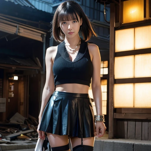 Wide size, two photos showing the entire body, including legs.
A high-resolution, realistic photo-image featuring a young Japanese justice heroine in peril, inspired by Japanese tokusatsu TV shows.
She is captured by a monstrous villain in a bright daytime devastated future cityscape. She is restrained by glowing energy black chains, struggling to break free.
Her expression shows fear and desperation. The villain stands menacingly nearby, casting a shadow over her.
The costume is torn, ripped, and tattered from enemy attacks.
She is a very cute 20-something Japanese pure-type heroine with idol-like qualities. She has fair skin, a slender body, and a typical neat, elegant appearance of a pure-type heroine.
She wears a simple yet torn, ripped and tattered sleeveless V-neck top that highlights her upper chest line,
and a torn, ripped and tattered high-thigh-length very short mini-skirt.
Her hair is black, straight, styled in a half-up look with some hair tucked behind her ears.