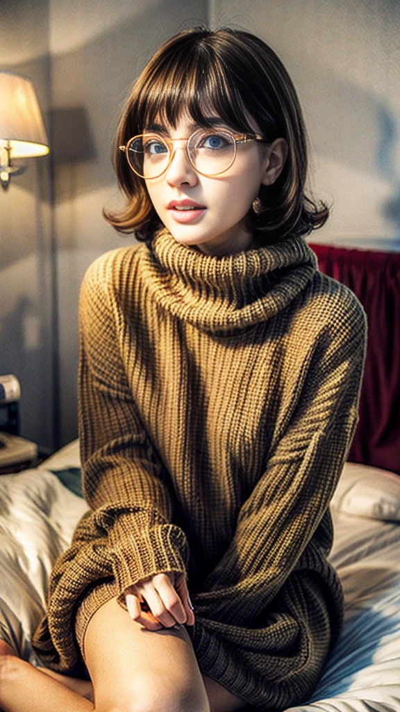 High Definition, 8k quality, Masterpiece, velma, huge dream girl , beautiful face, kiss lips, short bob hairstyle, long bangs, perfect make up, realistic face, detailed eyes, Blue eyes, Brown hair, eyelashes, mouth slightly open, bedroom, sitting in bed, showing cameltoe, eyes to the viewer, orange knit turtleneck sweater, glasses with clear lenses, red  skirt,